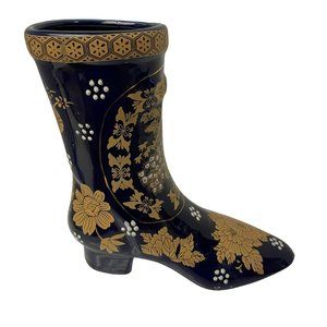 Boot Floral Flower Pot Decorative Gold‎ Blue White